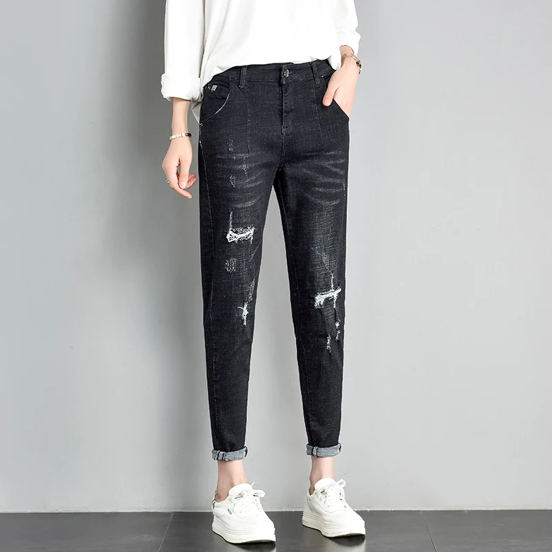 Black Jeans Women Fashion Ripped Jeans Boyfriends Pants Ankle Length Casual Streetwear Trousers Ladies Pocket Denim Pants