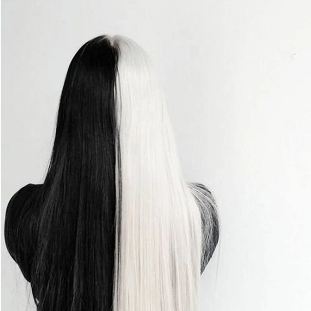 FAVE черный/белый половина длинные прямые волосы высокая температура волокна синтетические парики Хэллоуин Косплей Карнавальный костюм для женщин - Цвет: Black White