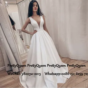 

White Satin A Line Wedding Dress For Women Cheap V Neck Long Sweep Train Bridal Dresses Formal Gown Lace Up Back