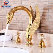 

Bathroom Basin Faucet Gold Luxury Sink Mixer Hot Cold Water Brass Swan Faucet Double Handle Three Holes Tap Смеситель Для Ванной
