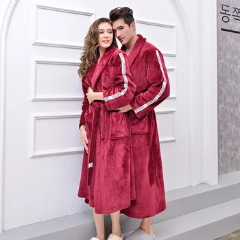 

Lovers Autumn Winter Long Flannel Hooded Bathrobe Kimono Thicken Warm Robes Bridesmaid Night Dressing Gown Men Women Sleepwear