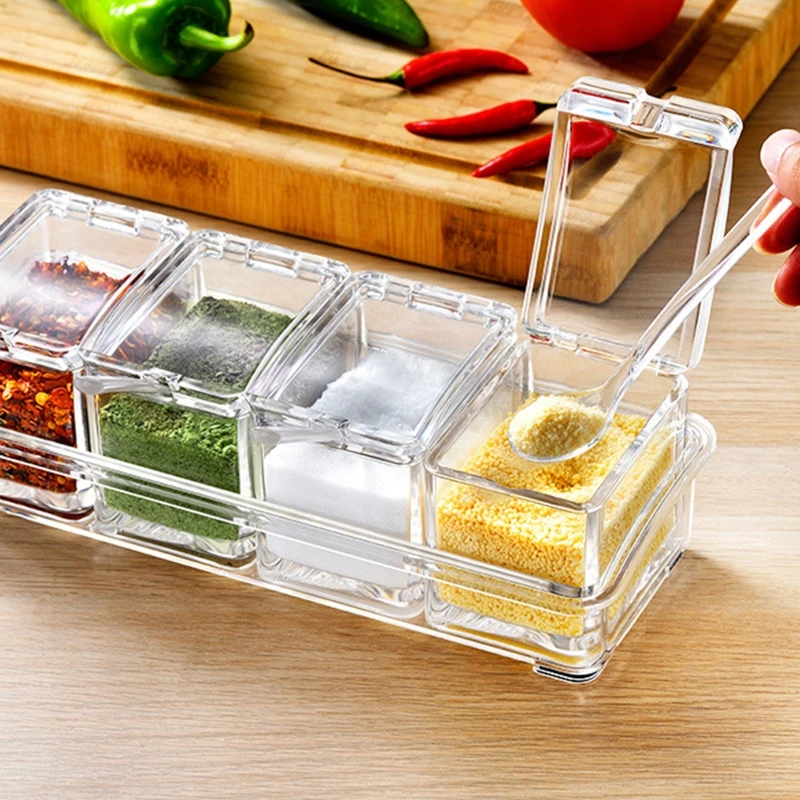 

Seasoning Rack Spice Pots - 3/4 Piece Storage Container Condiment Jars Acrylic Seasoning Box, Cruet with Cover and Spoon