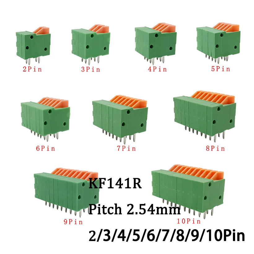 KF141R-conector de cable de bloque de terminales, resorte sin tornillo, pcb, 26-20AWG, ángulo recto, 2,54mm, 5/10 piezas