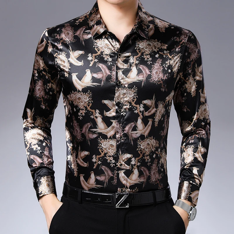 Men's Dark Blue Floral Printed Silk Elastic Long Sleeve Plus Size Shirt for Flowers Party Dress image 3