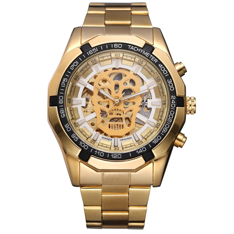 Gold Gold White Уникальный уход за кожей лица чехол часы в форме черепа автоматические механические мужские часы спортивные мужское в деловом стиле часы - Цвет: Gold Gold White