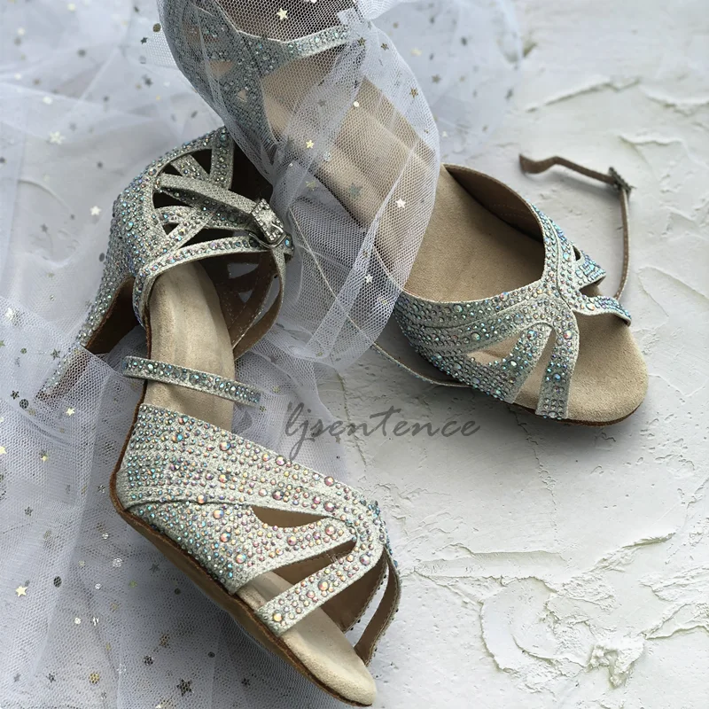 Latin Dance Shoes Woman Fabric Texture Rhinestones Salsa Shoes 10cm 9cm Heels Tango Bachata Kizomba Training Perform Shoes New