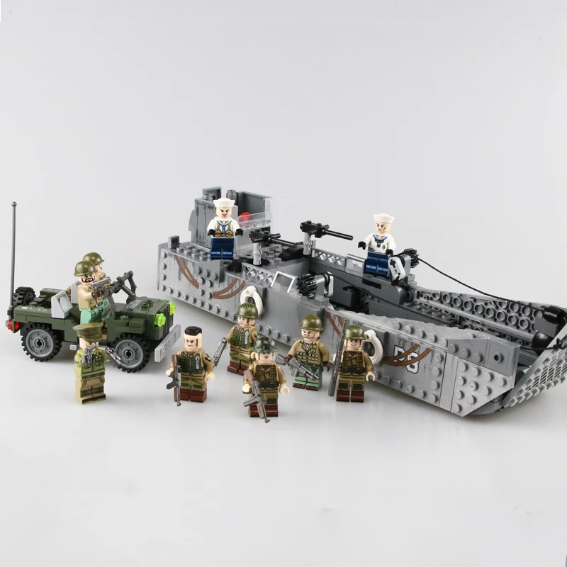  Military USA Army LCM3 Landing Boat Building Blocks WW2 Military Army Soldiers Figures Weapon gun p