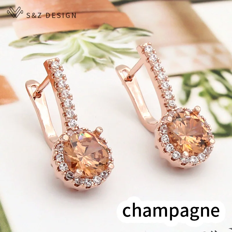 S&Z DESIGN New Fashion 585 Rose Gold Color Round Cubic Zirconia Dangle Earrings For Women Wedding Party Jewelry Gift