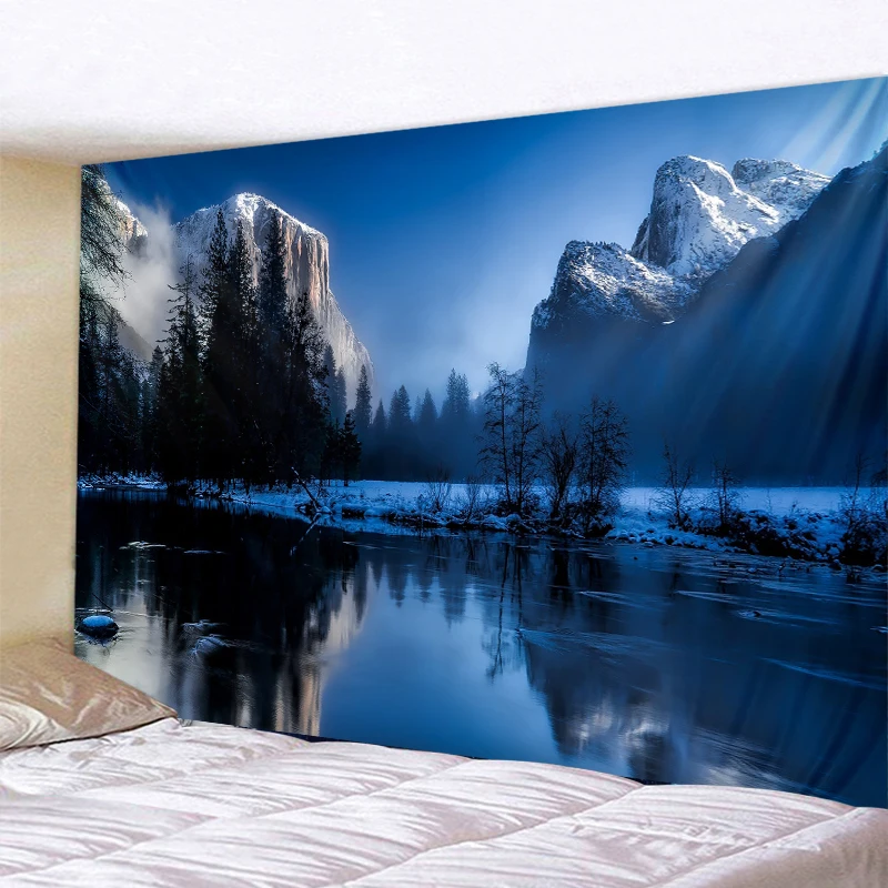 Hanging tapestry with waterfall landscape, hippie style, beautiful Forest and Stream, yoga mat, home decoration