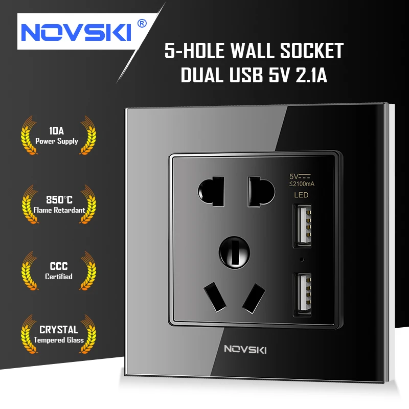 NOVSKI GB 10A 5 отверстий 2100mA USB настенная розетка немецкий Bayer огнестойкий материал закаленное стекло панель 86*86 220-250 В, Заземление - Тип: Bright Black