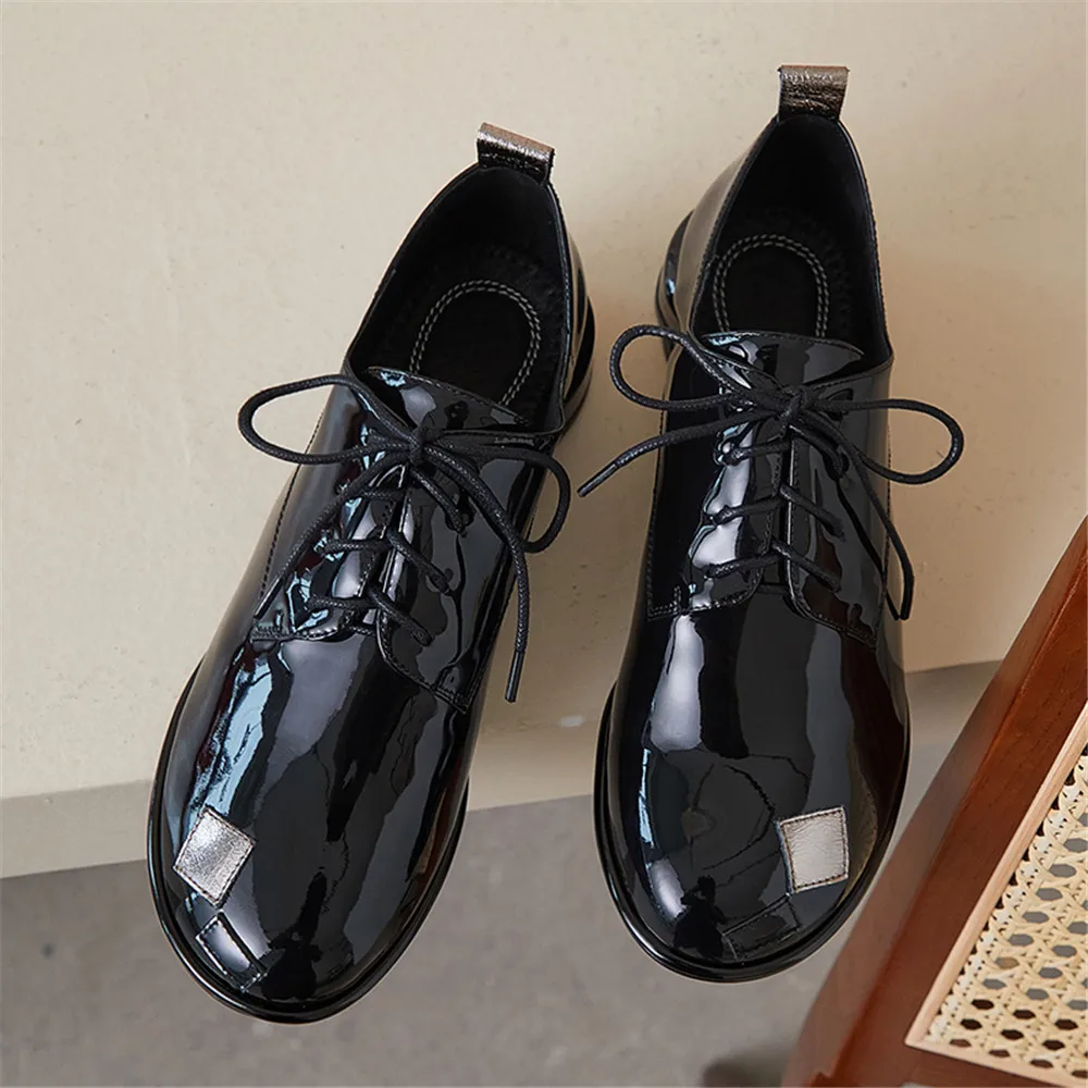 Women Patent Leather Pumps MILI MIYA Personalized Design Mixed Color Women Patent Leather Pumps Lace Up Round Toe Full Genuine Leather Fashion Street Shoes