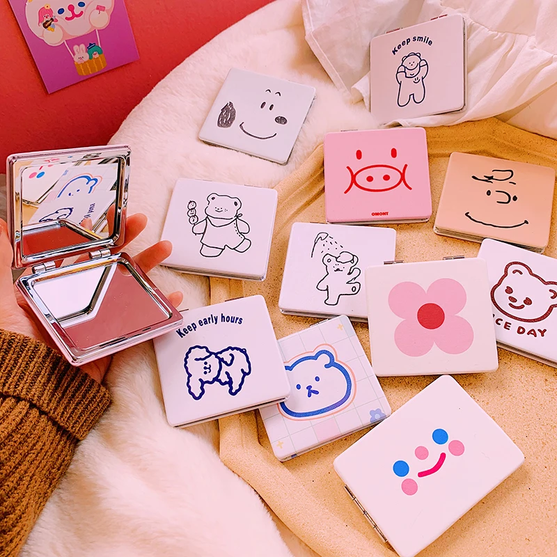 Мини Забавный медведь кожаное зеркало для макияжа двустороннее косметическое