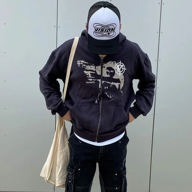 Y2k Grunge vestiti felpa donna Punk Sport cappotto allentato stampa Anime gotico Streetwear manica lunga Zip felpa con cappuccio moda coreana 2