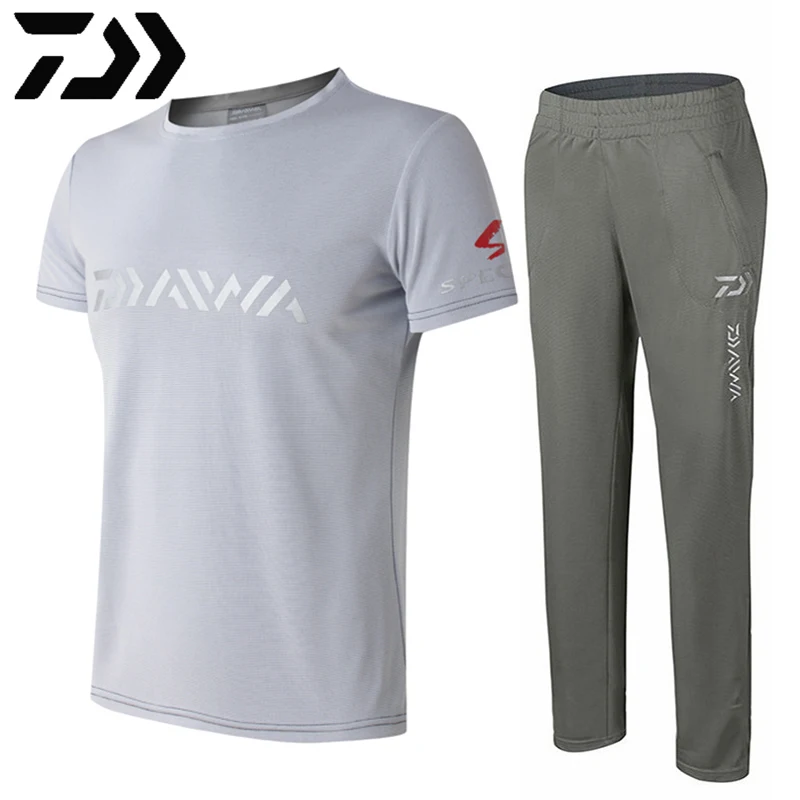Light Grey Брендовая мужская одежда для рыбалки, специальные комплекты, футболка с круглым вырезом и коротким рукавом и быстросохнущие дышащие штаны - Цвет: Light Grey