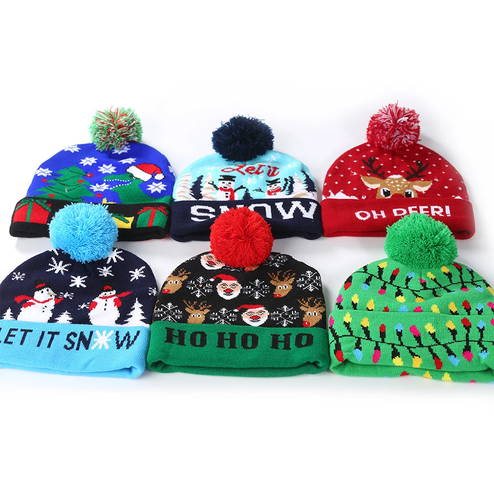 

Cartoon Christmas Hat Designs LED Christmas Sweater Cap Santa Light Knitted Hat Party Decoration New Year Gifts Se25