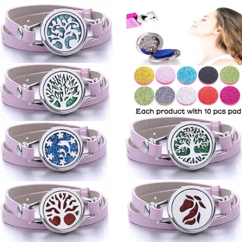 

Pink Aroma Diffuser Bracelet stainless steel Essential Oil Diffuser Aromatherapy lockets Genuine Leather Bracelet with 10 pads