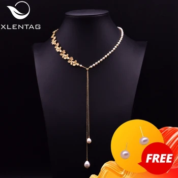 

XlentAg Metal Flowers Natural Pearls Necklaces Long Pendant Amethyst Asymmetrical Women Wedding Party Luxury Boho Jewelry GN0194
