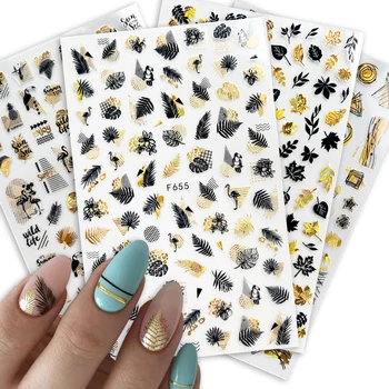 

1pcs Laser Gold Black Autumn Plant Leaf 3D Nail Sticker Self-Adhesive Coconut Tree Geometry Pattern Manicure Nail Art Decor