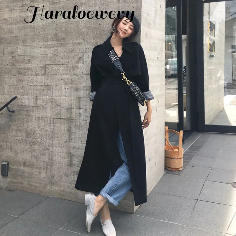 Весеннее женское длинное пальто с отложным воротником Harajuku женский черный бежевый плащ Casaco Feminino Abrigo Mujer trench Femme