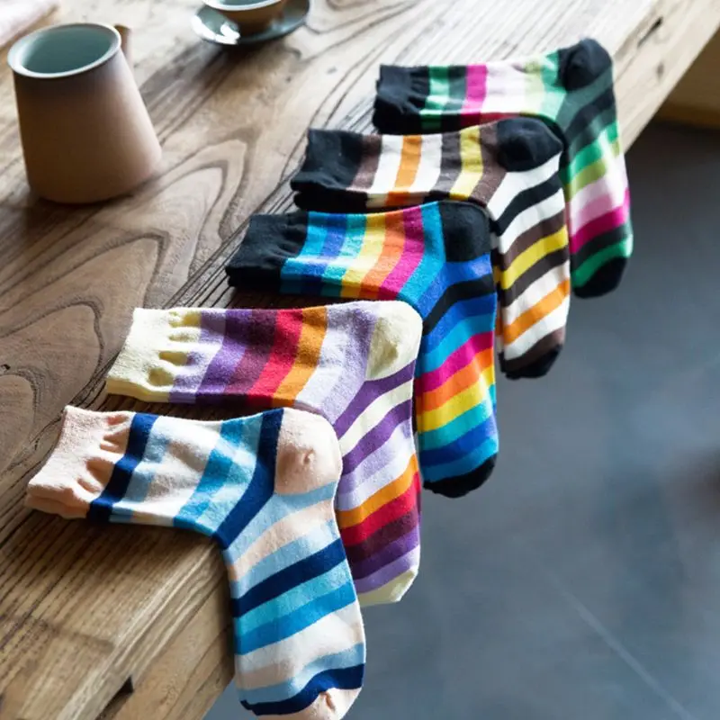 5 Pairs Women Rainbow Horizontal Stripes Cotton Crew Socks Colorblock Hosiery