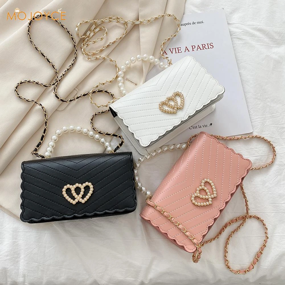 New Fashion Pearl Handle Messenger Bag Women PU Leather Elegant Love Heart Small Square Shoulder Crossbody Handbag For Women