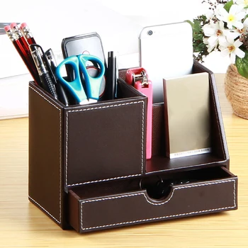 

Home Pencil Cup Solid Storage PU Leather Sundries School Desktop Organizer Large Capacity Decorative With Drawer Pen Holder