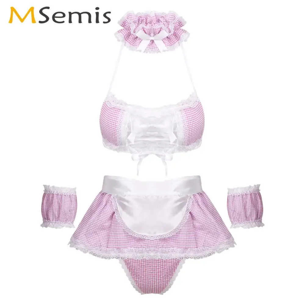 Women Erotic Anime Kawaii Maid Cosplay Costume Ruffle Plaid Baby Doll Schoolgirl Lingerie Set Lace-up Bra with Mini Thong Outfit |