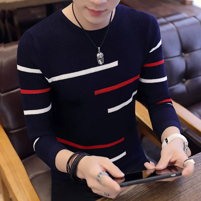 MoneRffi Autumn Fashion Casual Men's Slim New Sweater O-Neck Striped Slim Fit Knittwear Mens Sweaters Pullovers Men Pull Homme