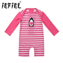 Цельный купальный костюм в полоску с длинными рукавами и принтом пингвина для маленьких девочек, купальный костюм