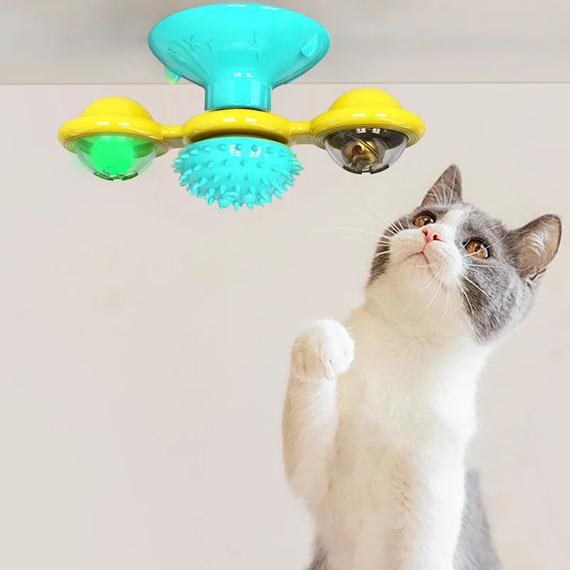 Windmill Toys for Cats Puzzle Whirling Turntable with Brush Cat Play Game Toys Windmill Kitten Interactive