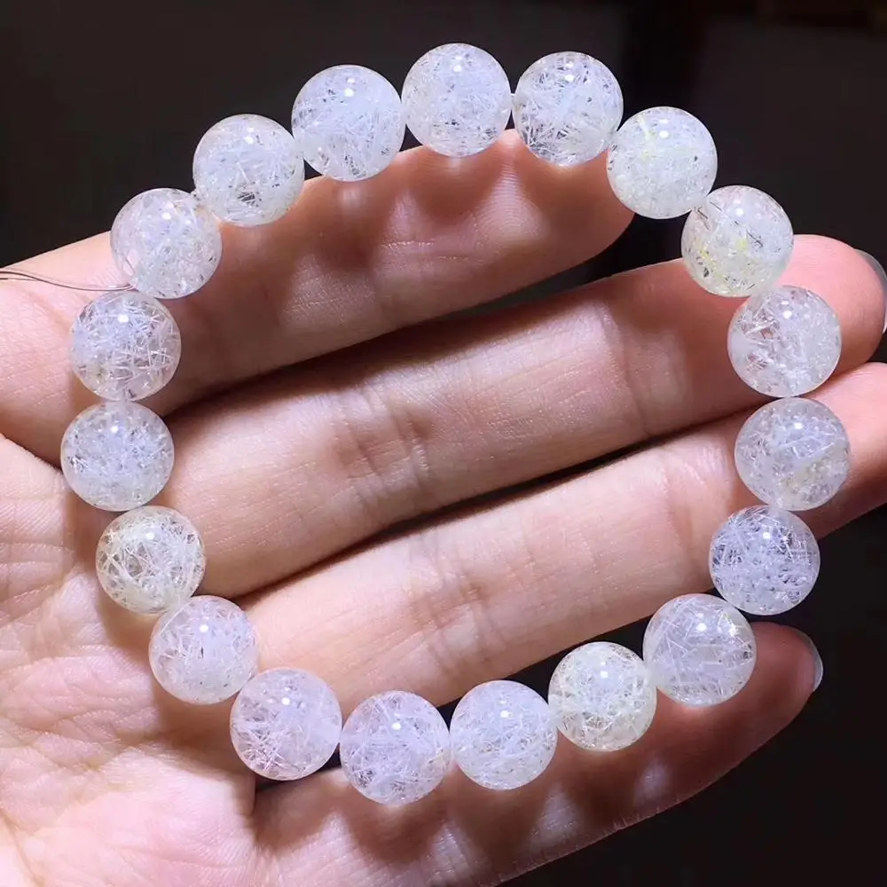 

10mm Genuine Natural White Phenakite Rutilated Quartz Snow Clear Round Beads Bracelet For women Men Rare Stone Beads AAAAA
