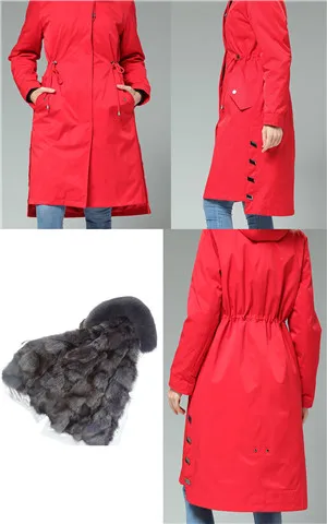 90cm Long Real Fox Lining fur coat parkas winter jacket coat women parka big real Fox raccoon fur collar fox fur liner Red Outer - Цвет: Бургундия