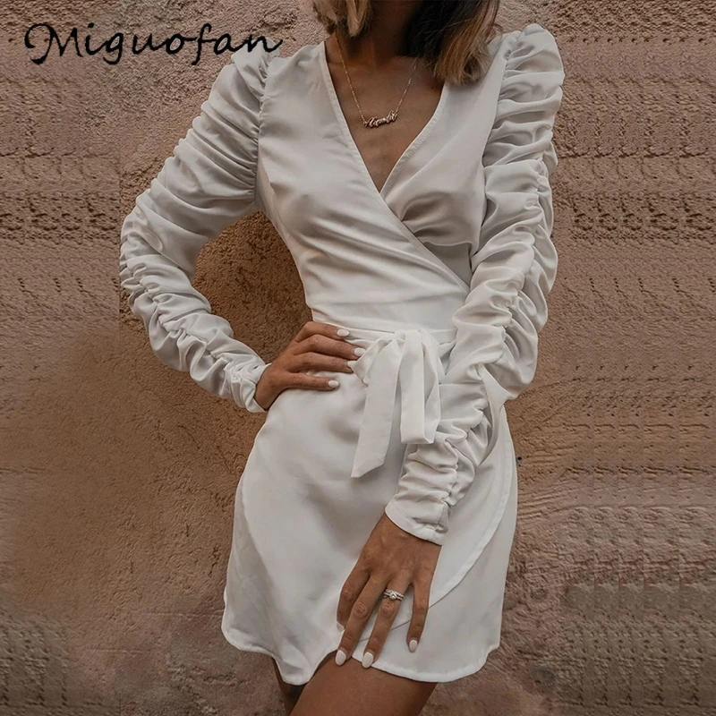Miguofan Платья с запахом женское белое платье винтажный ремень с длинным рукавом сексуальное мини-платье с v-образным вырезом элегантные вечерние осенние женские платья - Цвет: Белый