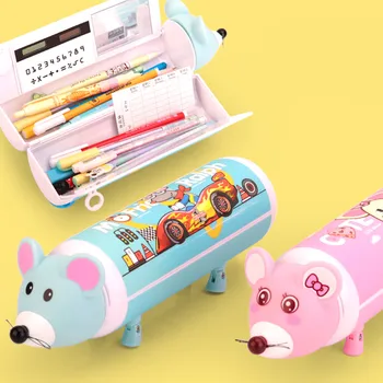 

Kawaii Quicksand Pencil Case Double Layer Little Mouse Pen Box with Mirror Calculator Whiteboard Pen Wiper for Girl Stationery