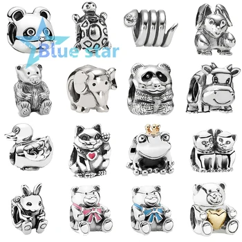 

Bule Star 100% 925 Sterling Silver pandoras animal charm Exclusive Silver Peaceful Panda&Lucky Cat&Golden Heart Teddy Bear Charm