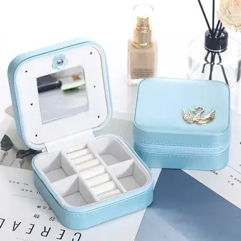 

Jewelry Box Portable Faux Leather Earrings Rings Jewelry Display Case Zipper Storage Box with Mirror Travel Case