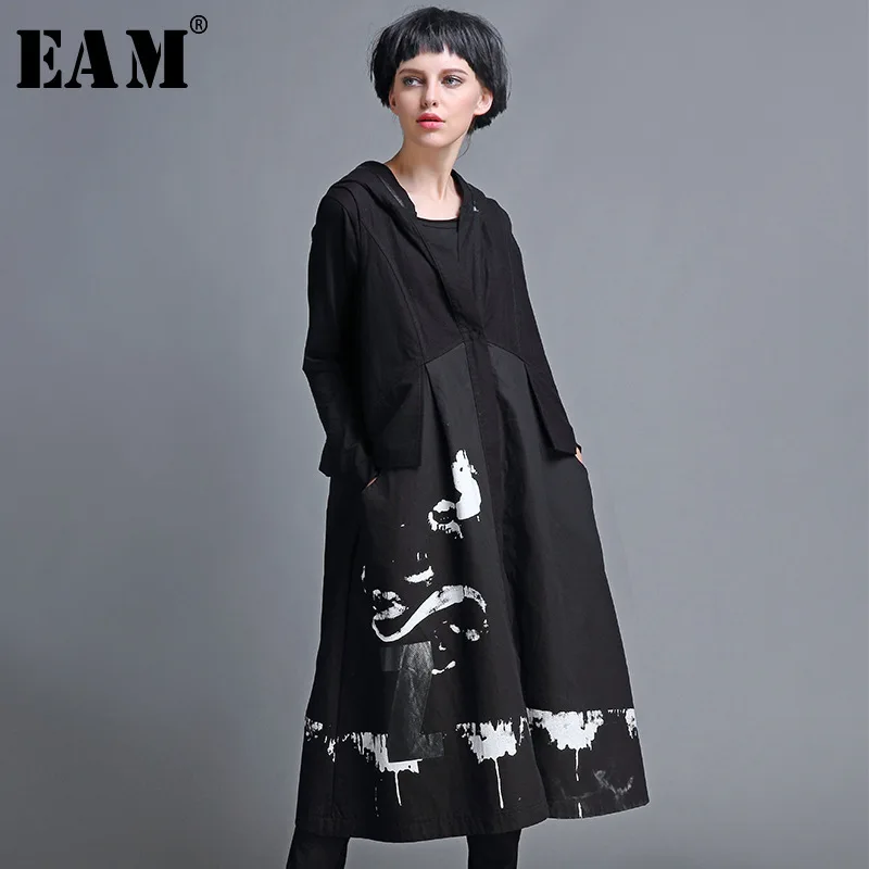  [EAM] Women Loose Fit Print Spliced Pocket Causal Long Vest New Hooded Collar Sleeveless Fashion Ti