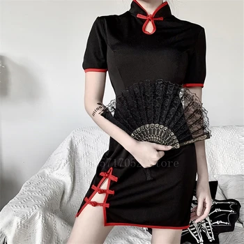 

Chinese Dress Women Cheongsam Stiching Gothic Traditional Robe Qipao Sexy Retro Oriental Vestidos Split Collar Festival Party