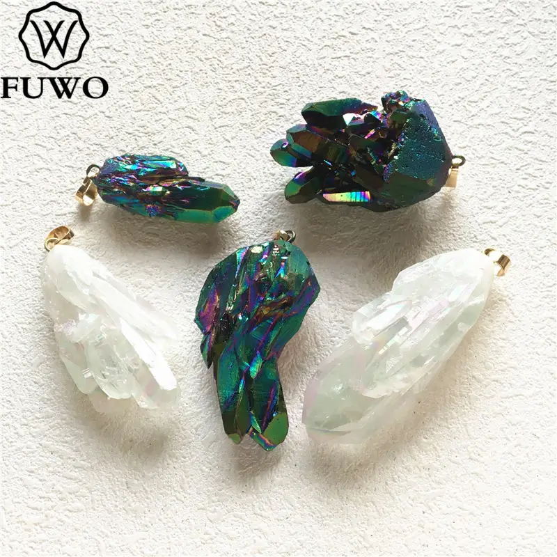 

FUWO Natural Aura Crystal Quartz Pendant With Titanium Plated Irregular Crystal Cluster Pendant For Necklace Making PD275