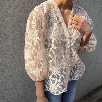 

2019 New spring summer Women Blouse Lace Embroidered Shirt Sweet V-neck Flare Sleeve Cardigan shirt Female Tops yy244