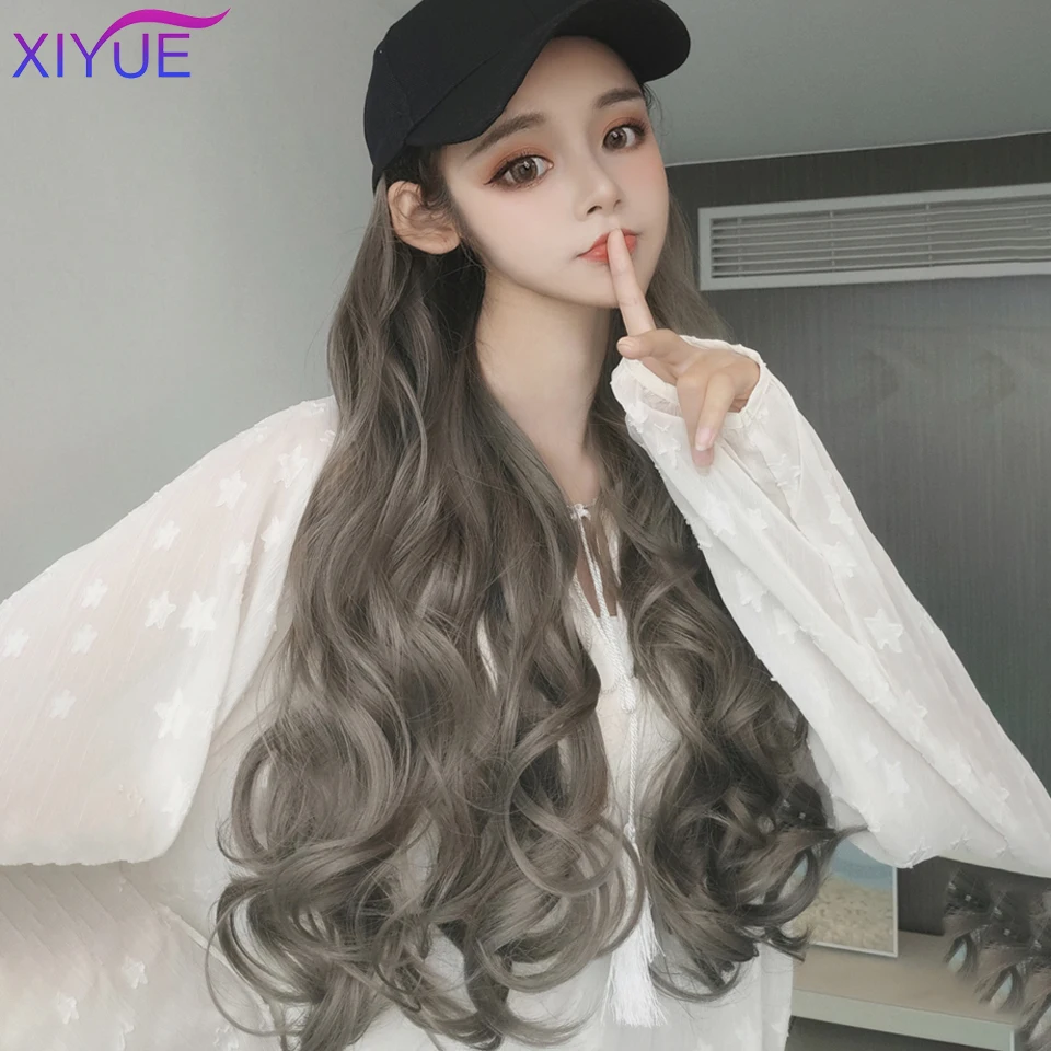 Girls Long Straight Synthetic Baseball Cap Wigs Hair  Brown Wavy Wig Extensions Naturally Connect Pieces Hat Wig Adjustable Size