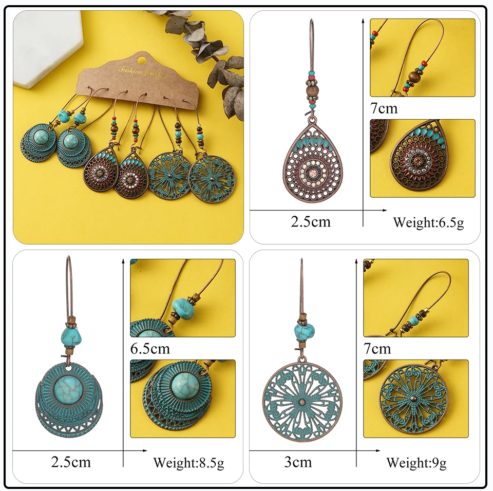 41 Style Silver Rose Gold Color Earrings Ethnic Bohemia Vintage Mixed Styles Long Leaf Big Round Circle Shell Shape Wooden Stones Beads Geometric Bronze Met (23)