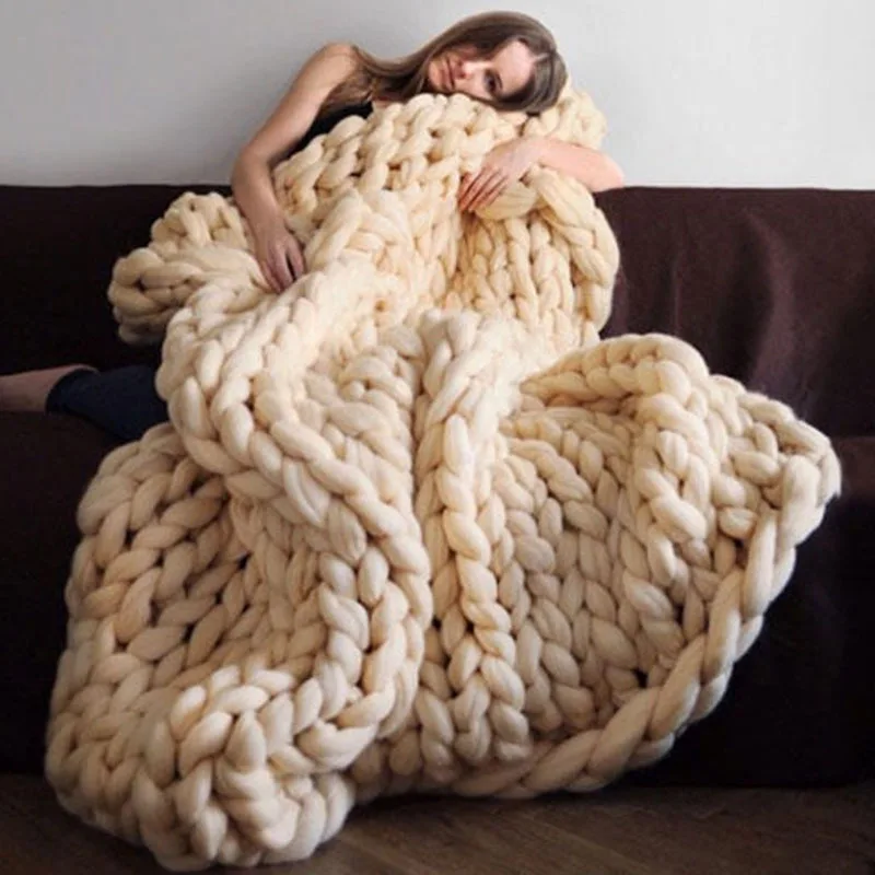 Chunky Yarn Blanket for Bed Hand Woven Sofa Throw Blankets Knitted Warm Grey Beige Air Condition Blankets Bed Sofa Decorative