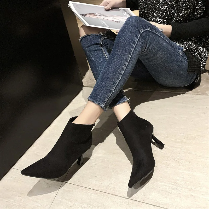 

1999-1 Autumn And Winter 2019 New Style Pointed Short Boots High Heel Thin Heeled Short Ankle Boots after Zipper Suede Martin Bo