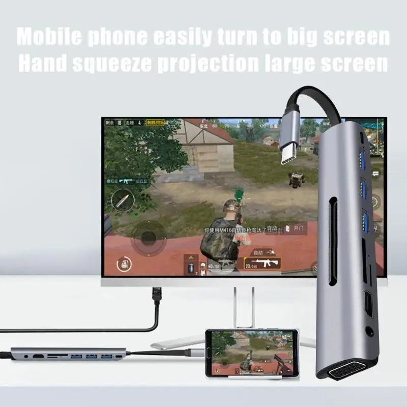 Кабель E0103 HDMI/VGA/Аудио/TF/карта памяти/3 USB/USB-C PD тип-c концентратор Поддержка прямой доставки