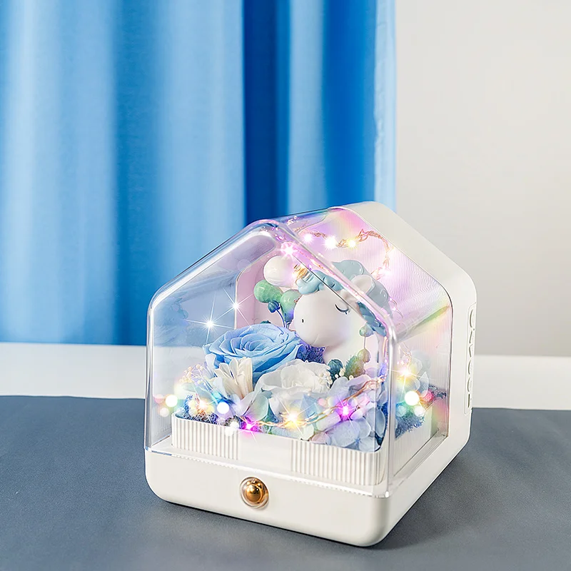 

Romantic House Full Of Eternal Flowers Bluetooth Speaker with LED Atmosphere Light Bluetooth Sound Valentine'S Day Gift Blue