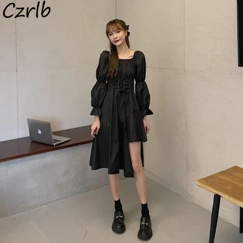 French Dresses Women Tender Dating Knee-length Long Sleeve Clothing Koeran Style Students Tender New Autumn Femme Square Collar slip dress