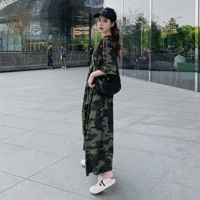 Loose Casual T Shirt Maxi Dress Women Summer 2021 Plus Size Camouflage Dresses with Side Pockets for Home Long Cotton Tees 3