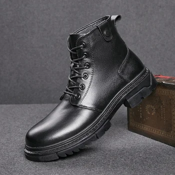 

Autumn Winter Fashion New genuine leather men's shoes casual With Fur high-top British men's leather shoes men's safety boots