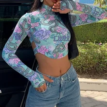 

Tossy Skinny Backless Floral Crop Top Women Fashion Printed Short Tee Vintage High Streetwear Bodycon Turtleneck Tshirts Summer